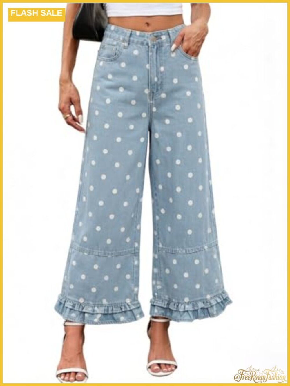 High Rise Bell Bottom Jeans Women Polka Dot Ruffle Hem Wide Leg Baggy Denim